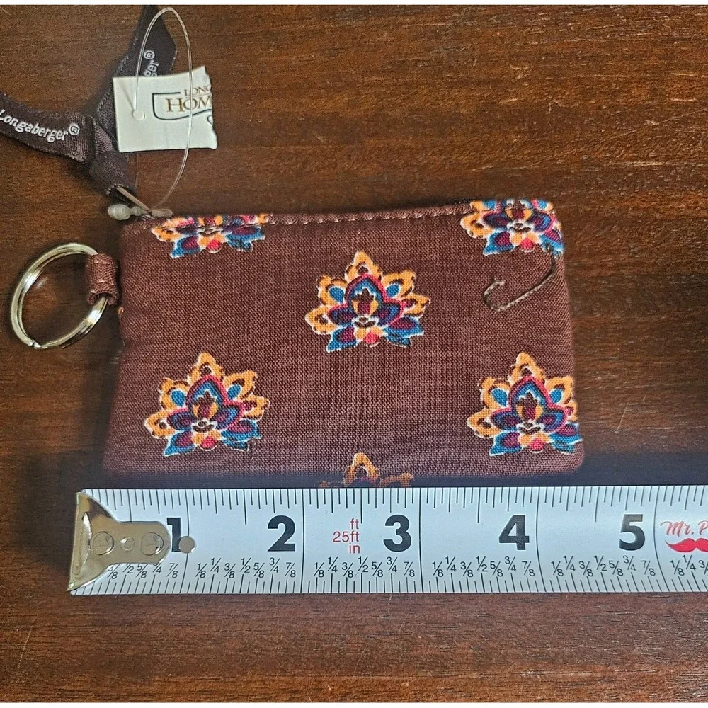 Longaberger Coin Purse Keychain Women Small Brown Fabric Floral Zipper NWT